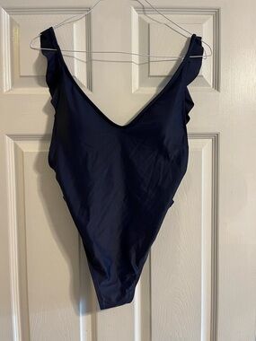 aerie Navy Ruffle-Shoulder V Neck One-Piece Swimsuit size L